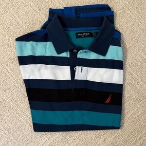 Nautica Men's Polo Shirt - Blue, Black, and White Stripes